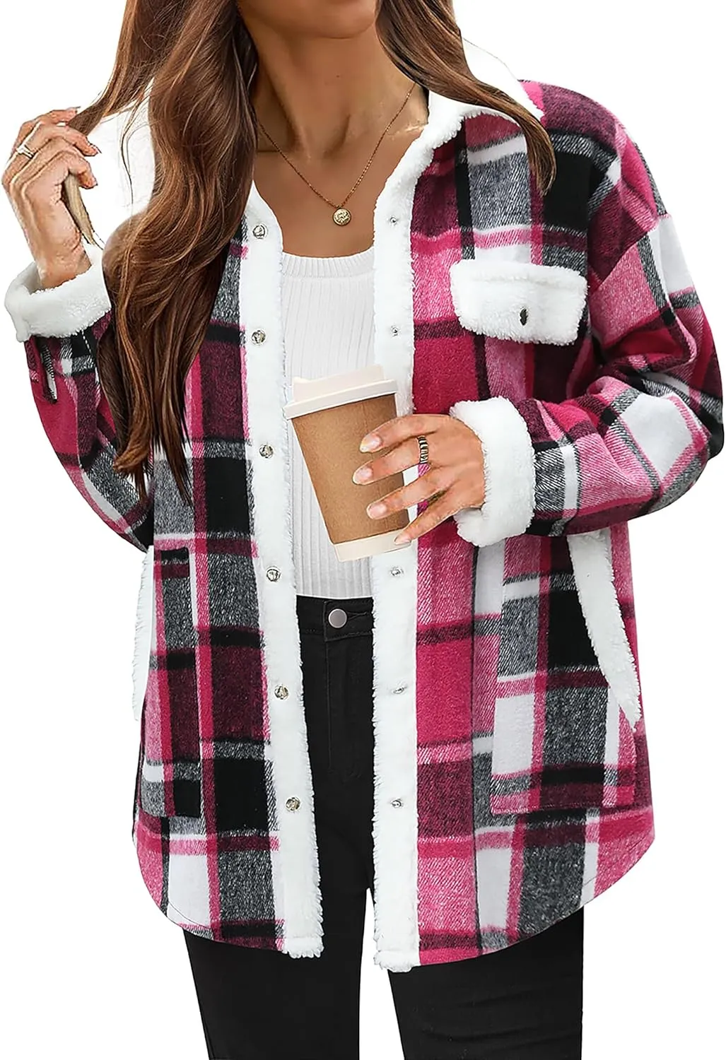 HOTOUCH Flannel Plaid Coats Women's 2025 Winter Long Sleeve Button Sherpa Jacket with Pockets Camp Warm Fleece Shacket, S Rose Red