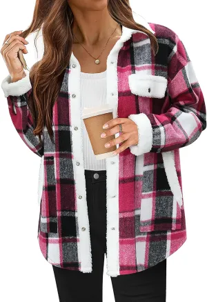 HOTOUCH Flannel Plaid Coats Women's 2025 Winter Long Sleeve Button Sherpa Jacket with Pockets Camp Warm Fleece Shacket, S Rose Red