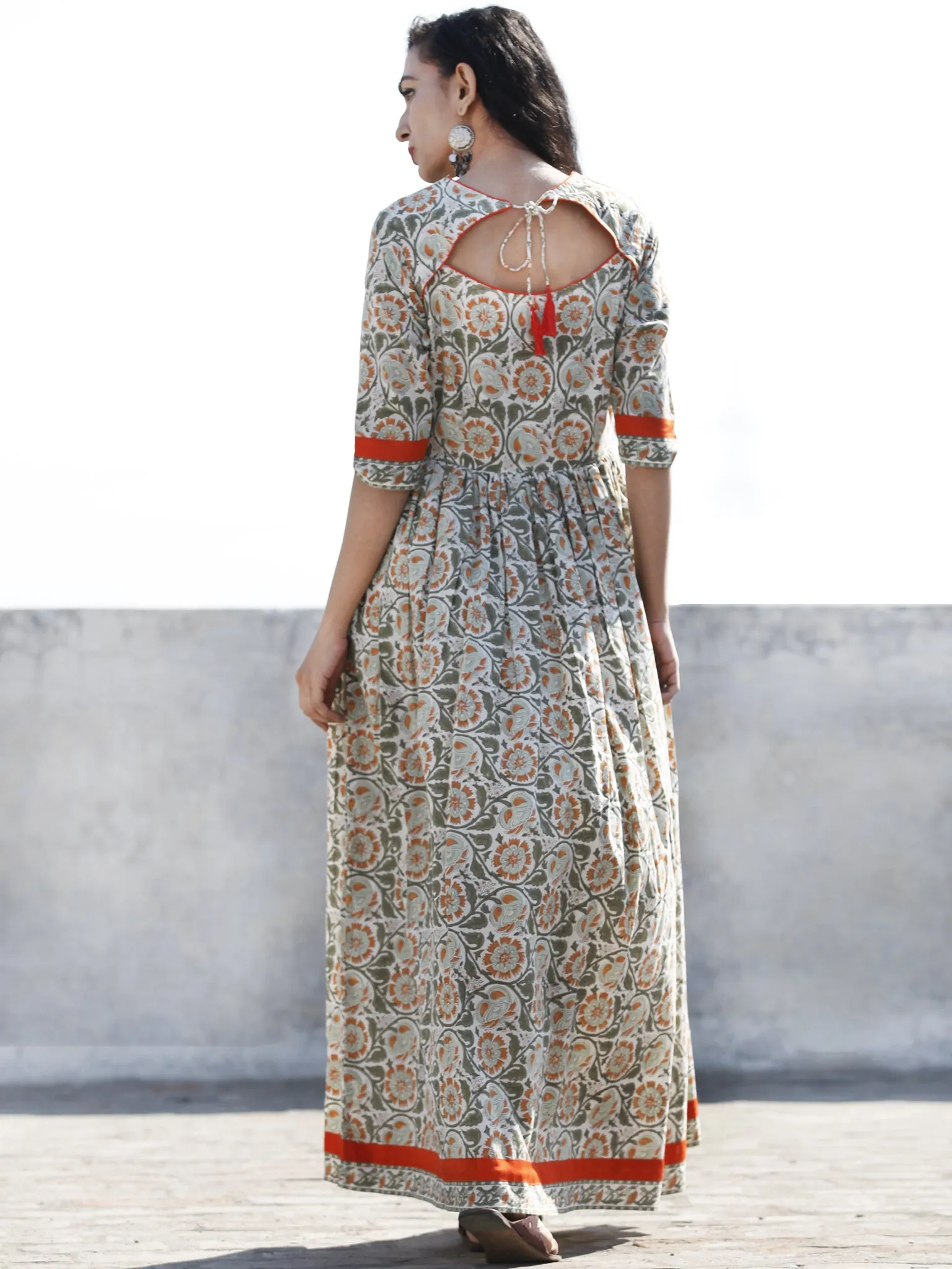 Ivory Green Orange Red Hand Block Printed Long Cotton Dress With Back Style  - D189F1059