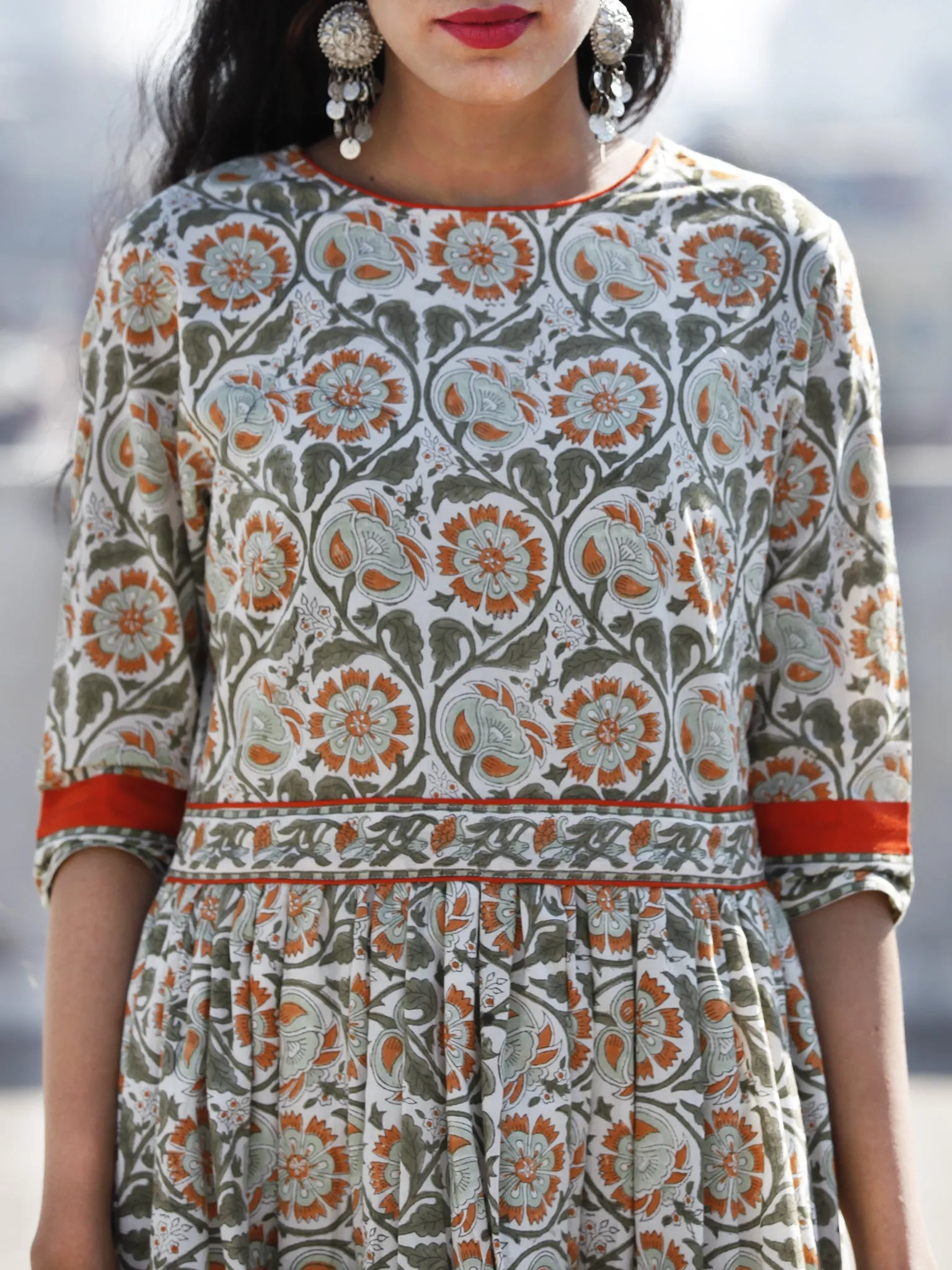 Ivory Green Orange Red Hand Block Printed Long Cotton Dress With Back Style  - D189F1059