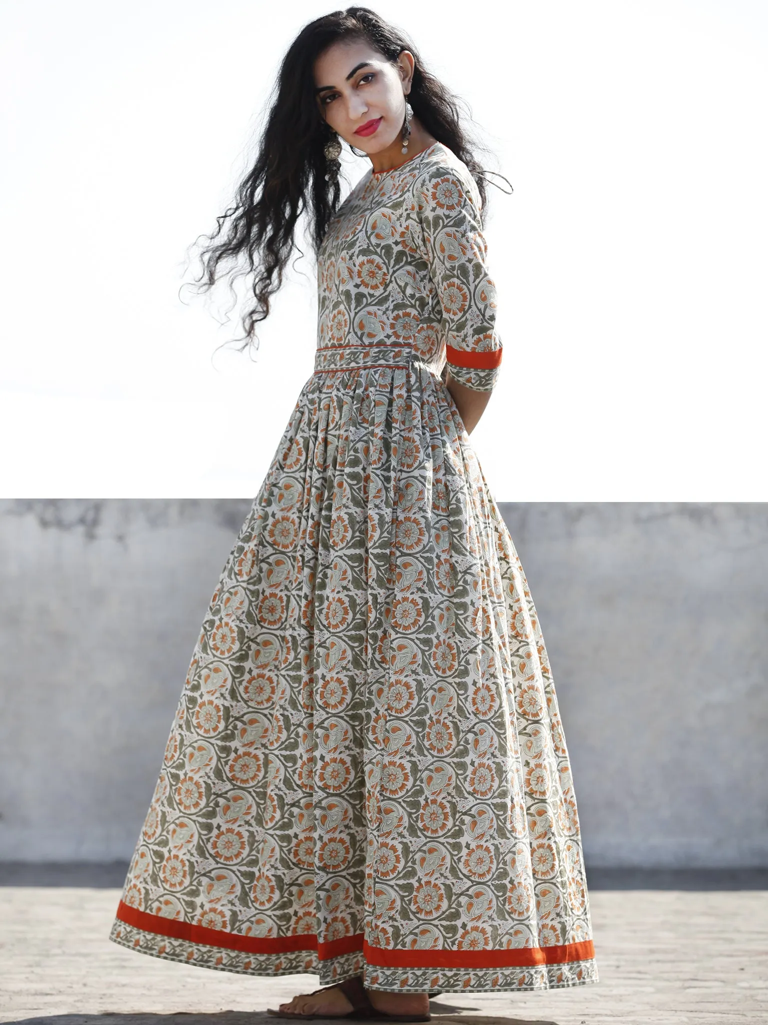 Ivory Green Orange Red Hand Block Printed Long Cotton Dress With Back Style  - D189F1059