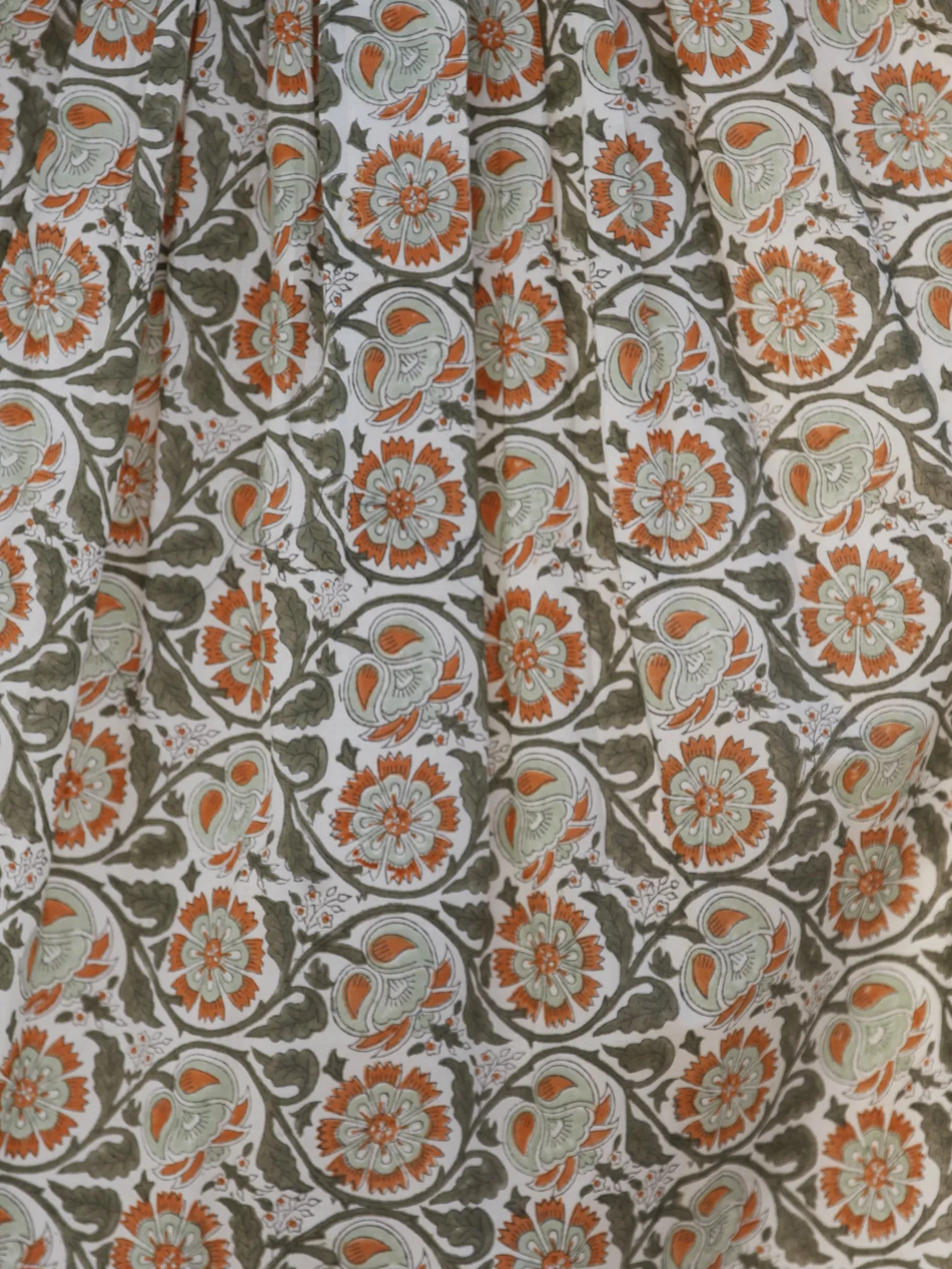 Ivory Green Orange Red Hand Block Printed Long Cotton Dress With Back Style  - D189F1059