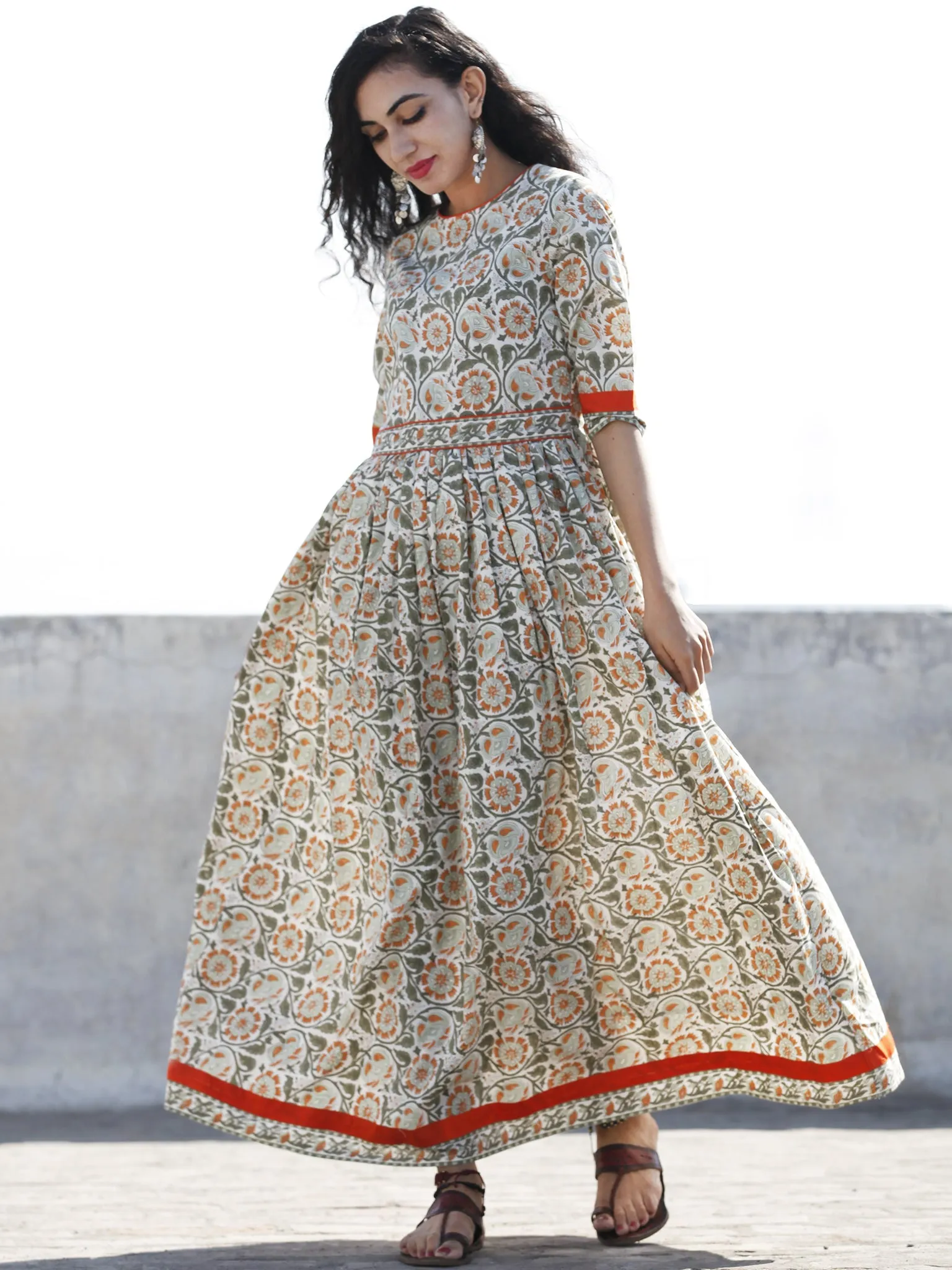 Ivory Green Orange Red Hand Block Printed Long Cotton Dress With Back Style  - D189F1059