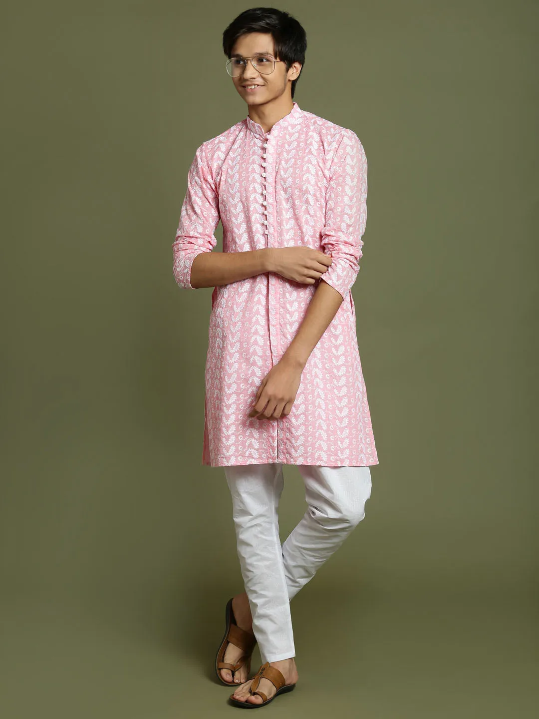 Jashvi Boys' Pink Chaikankari Kurta