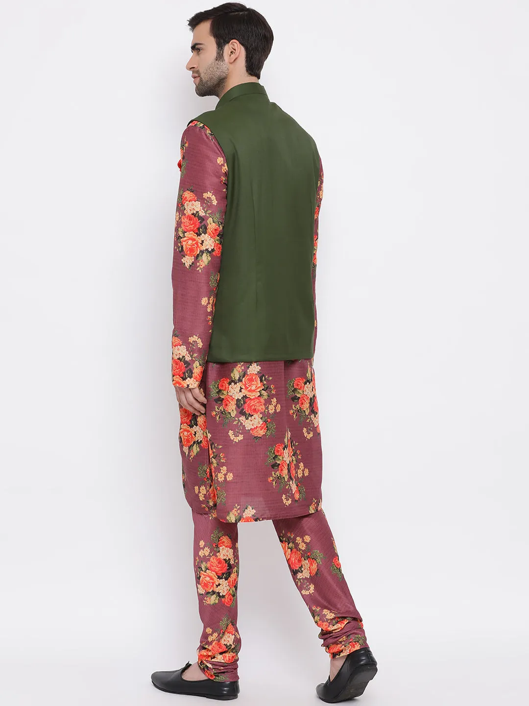 Jashvi Men's Green Twill Jacket, Printed Kurta and Pyjama Set