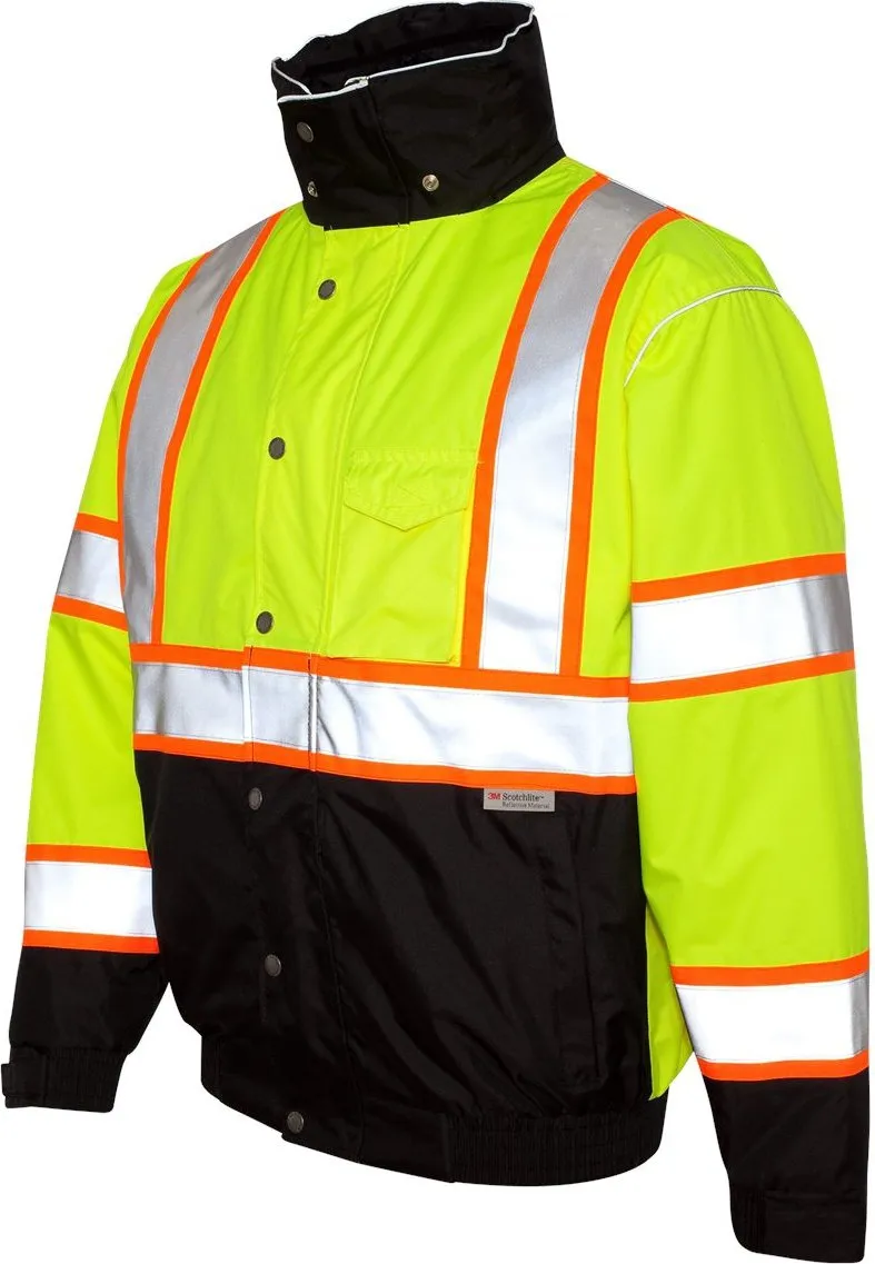 Kishigo JS119 Polyester Brilliant Series Bomber Jacket with Hidden Collar Hood, 3X-Large, Lime