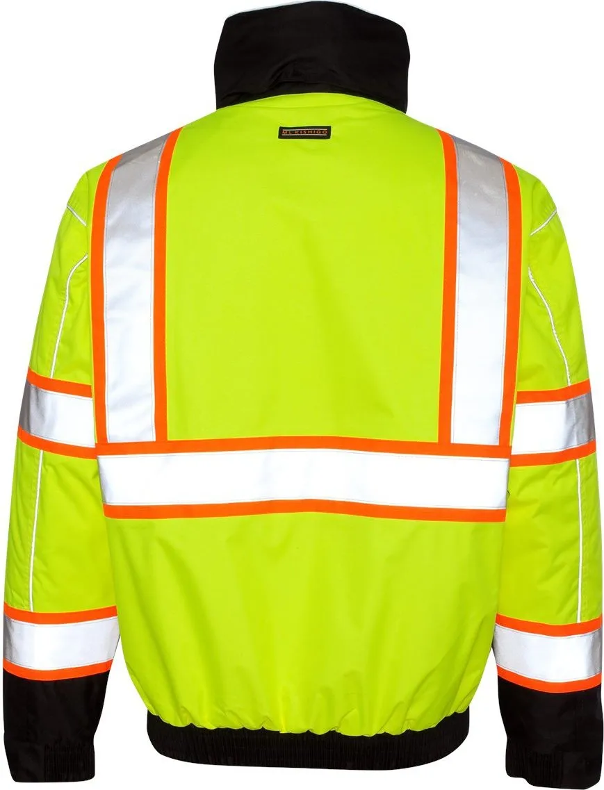 Kishigo JS119 Polyester Brilliant Series Bomber Jacket with Hidden Collar Hood, 3X-Large, Lime