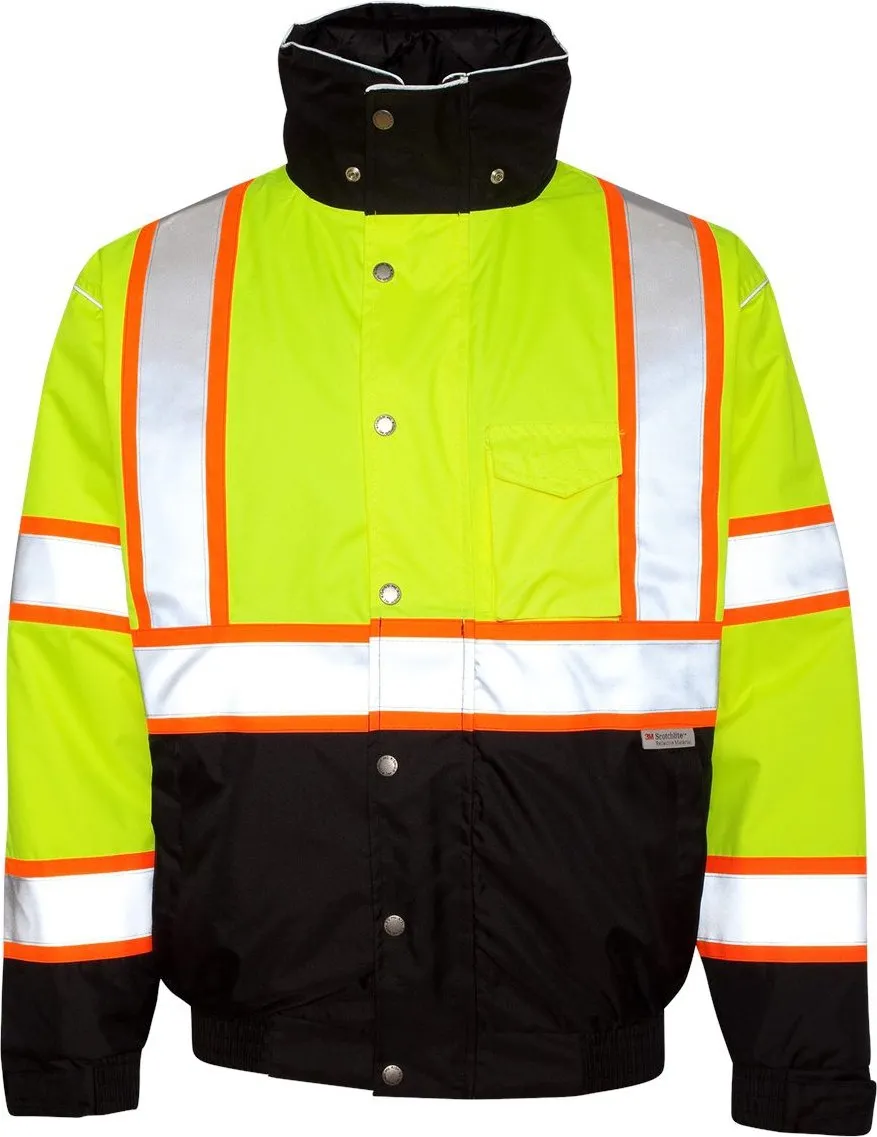 Kishigo JS119 Polyester Brilliant Series Bomber Jacket with Hidden Collar Hood, 3X-Large, Lime