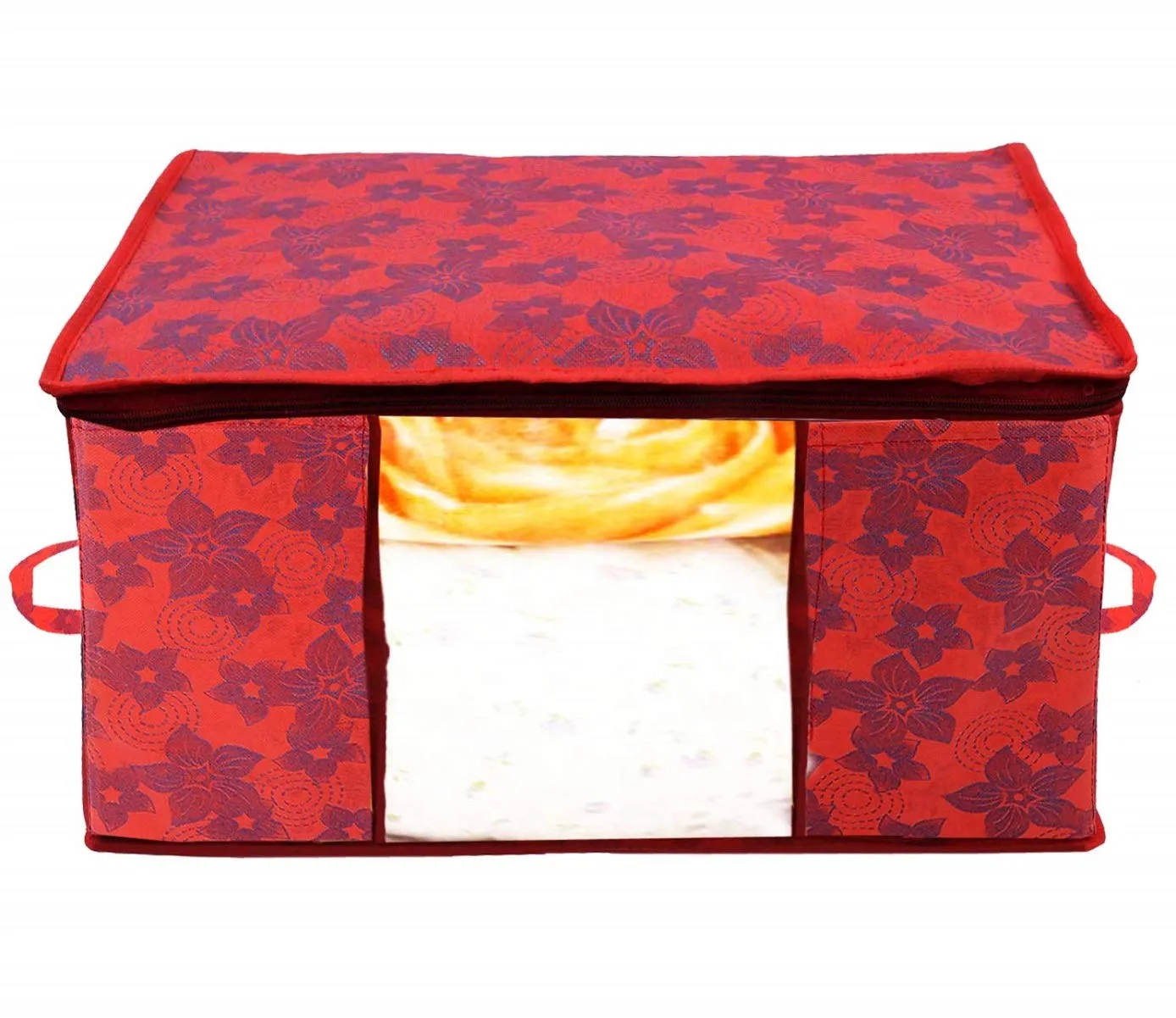 Kuber Industries Metalic Printed 2 Piece Non Woven Fabric Underbed Storage Bag,Cloth Organiser,Blanket Cover with Transparent Window, Brown & Red -CTKTC41054