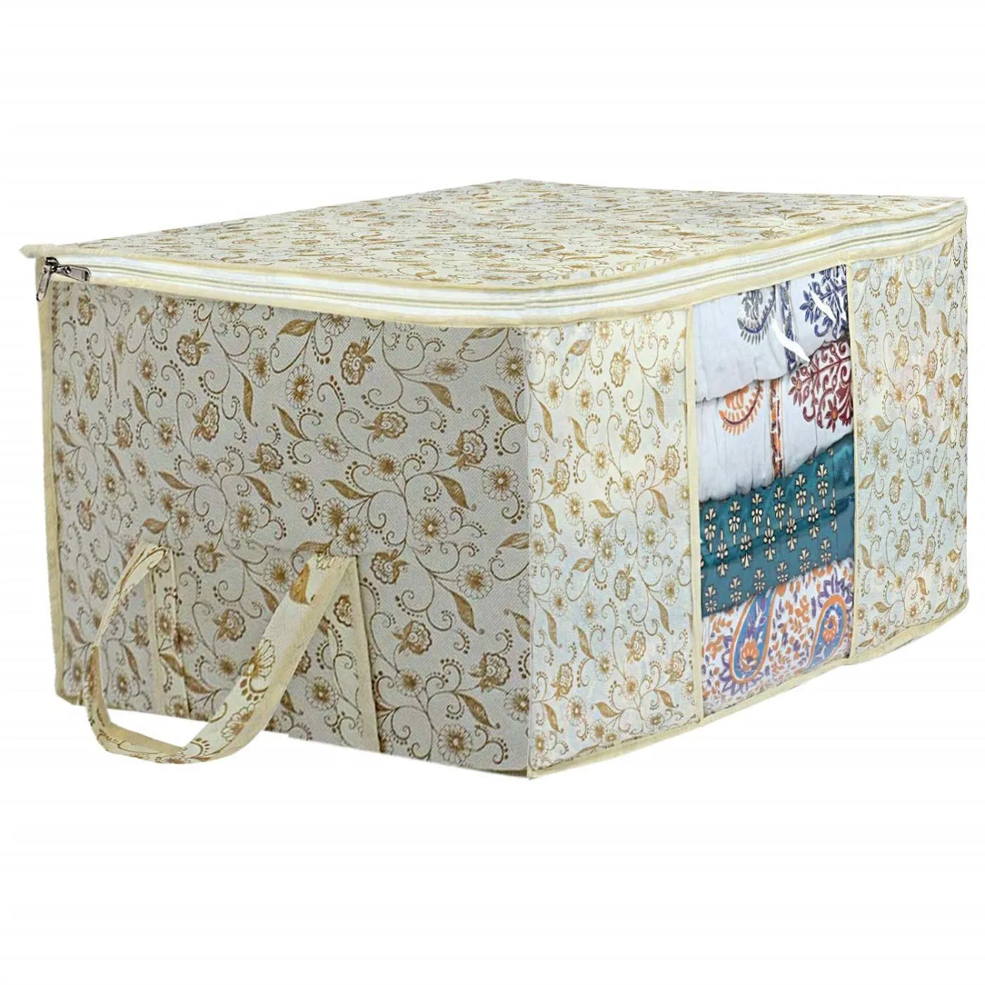 Kuber Industries Metalic Printed 2 Piece Non Woven Fabric Underbed Storage Bag,Cloth Organiser,Blanket Cover with Transparent Window, Brown & Red -CTKTC41054