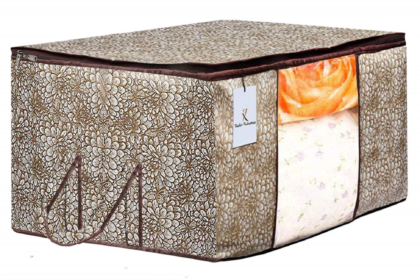 Kuber Industries Metalic Printed 2 Piece Non Woven Fabric Underbed Storage Bag,Cloth Organiser,Blanket Cover with Transparent Window, Ivory Red & Golden Brown -CTKTC41049
