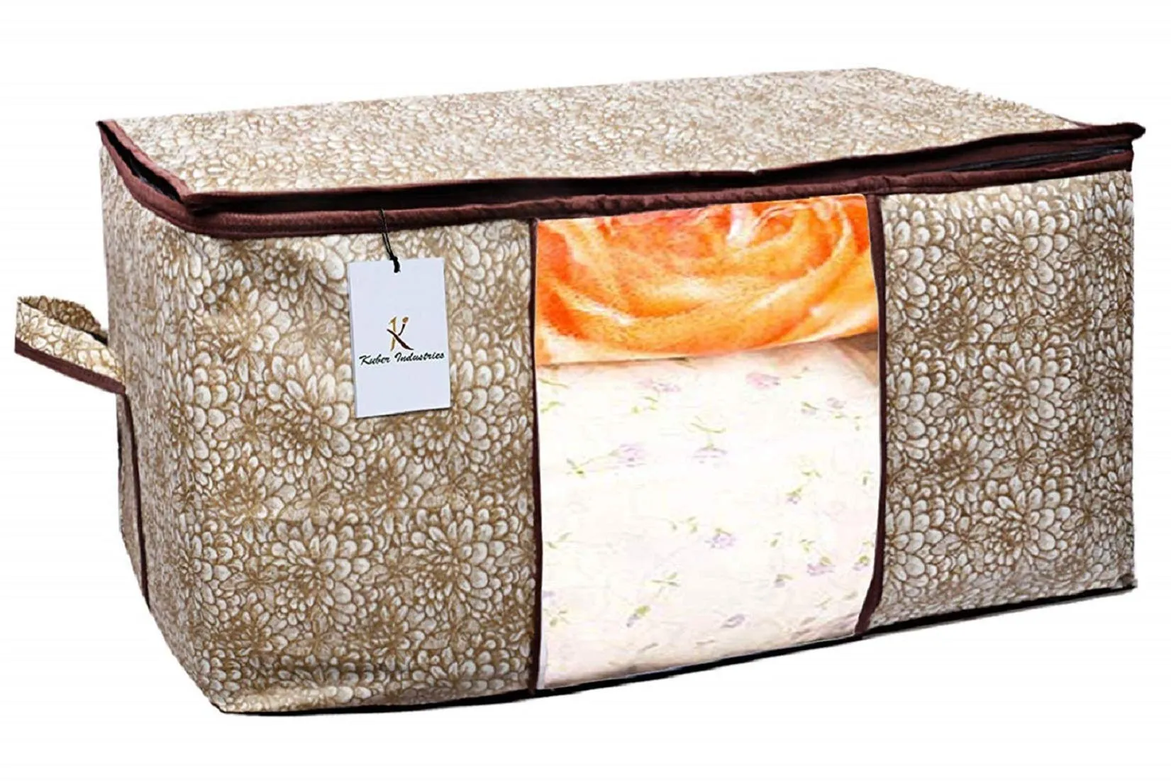 Kuber Industries Metalic Printed 2 Piece Non Woven Fabric Underbed Storage Bag,Cloth Organiser,Blanket Cover with Transparent Window, Ivory Red & Golden Brown -CTKTC41049