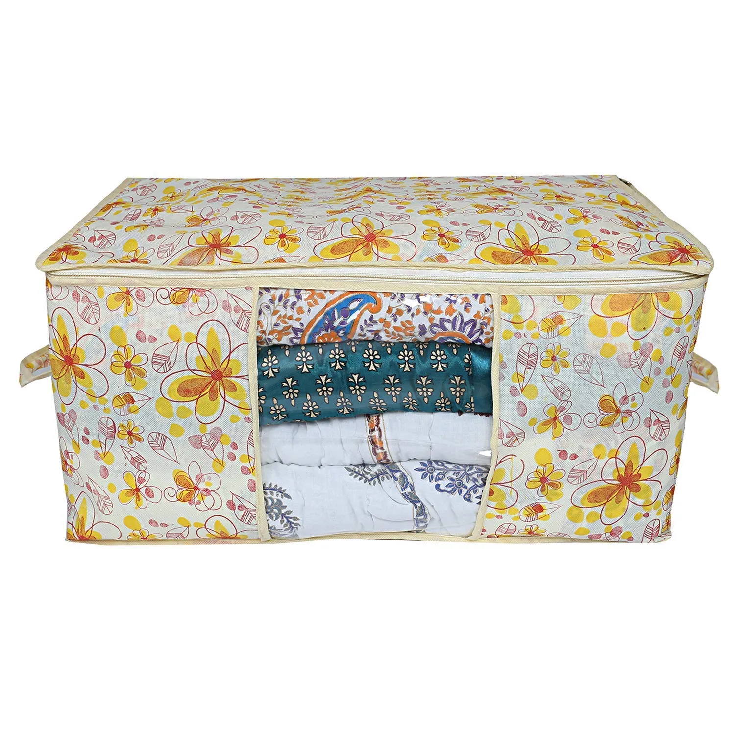 Kuber Industries Metalic Printed 2 Piece Non Woven Fabric Underbed Storage Bag,Cloth Organiser,Blanket Cover with Transparent Window, Ivory Red & Golden Brown -CTKTC41049