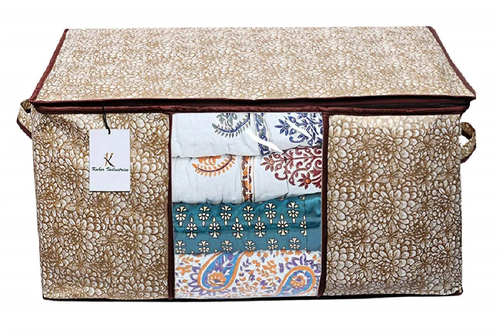 Kuber Industries Metalic Printed 2 Piece Non Woven Fabric Underbed Storage Bag,Cloth Organiser,Blanket Cover with Transparent Window, Ivory Red & Golden Brown -CTKTC41049