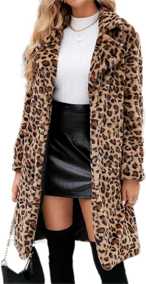 Leopard Printed Trench Coats for Women Luxury Faux Fur Fluffy Winter Cardigan Business Casual Long Sleeve Jackets