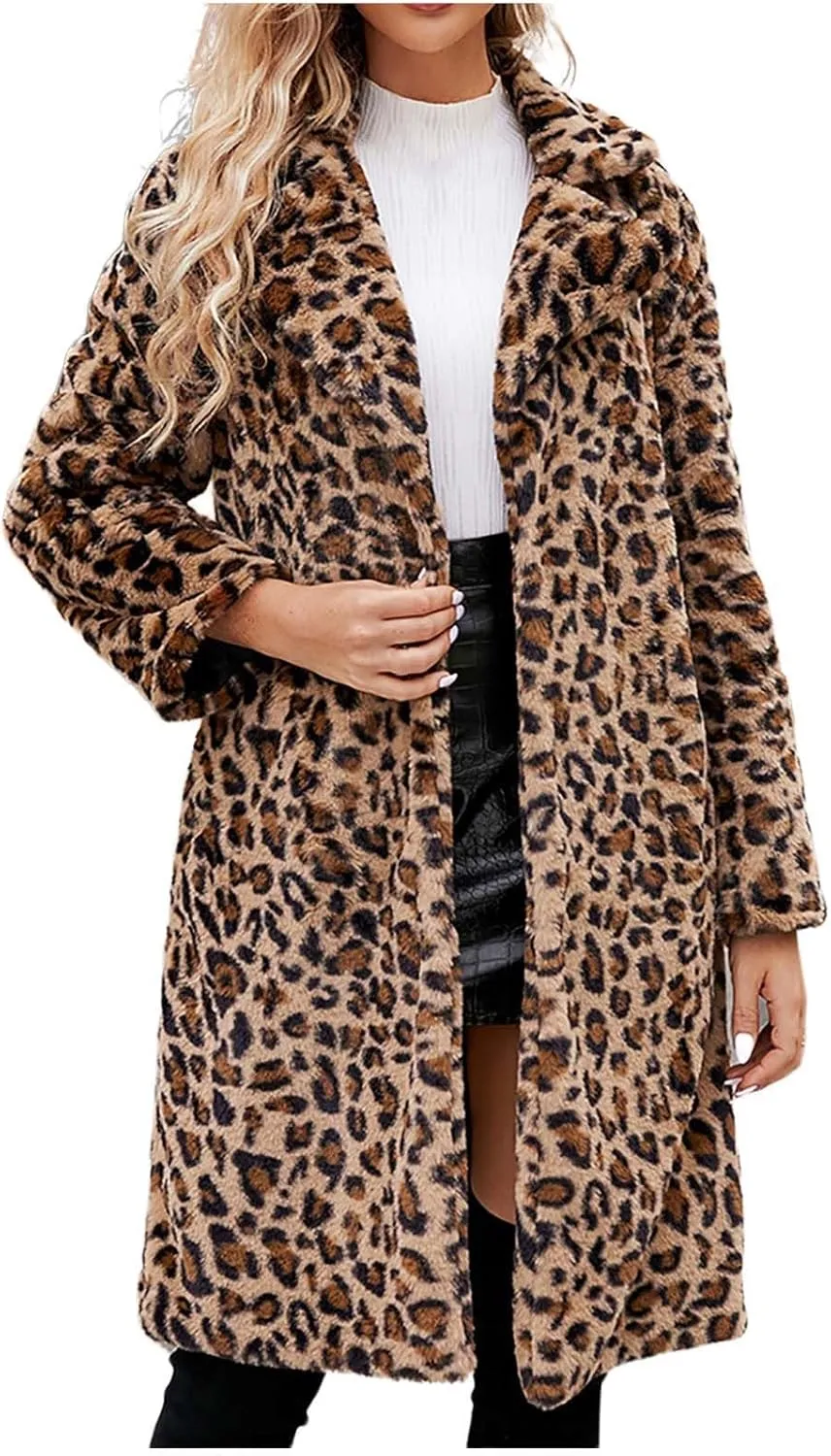 Leopard Printed Trench Coats for Women Luxury Faux Fur Fluffy Winter Cardigan Business Casual Long Sleeve Jackets