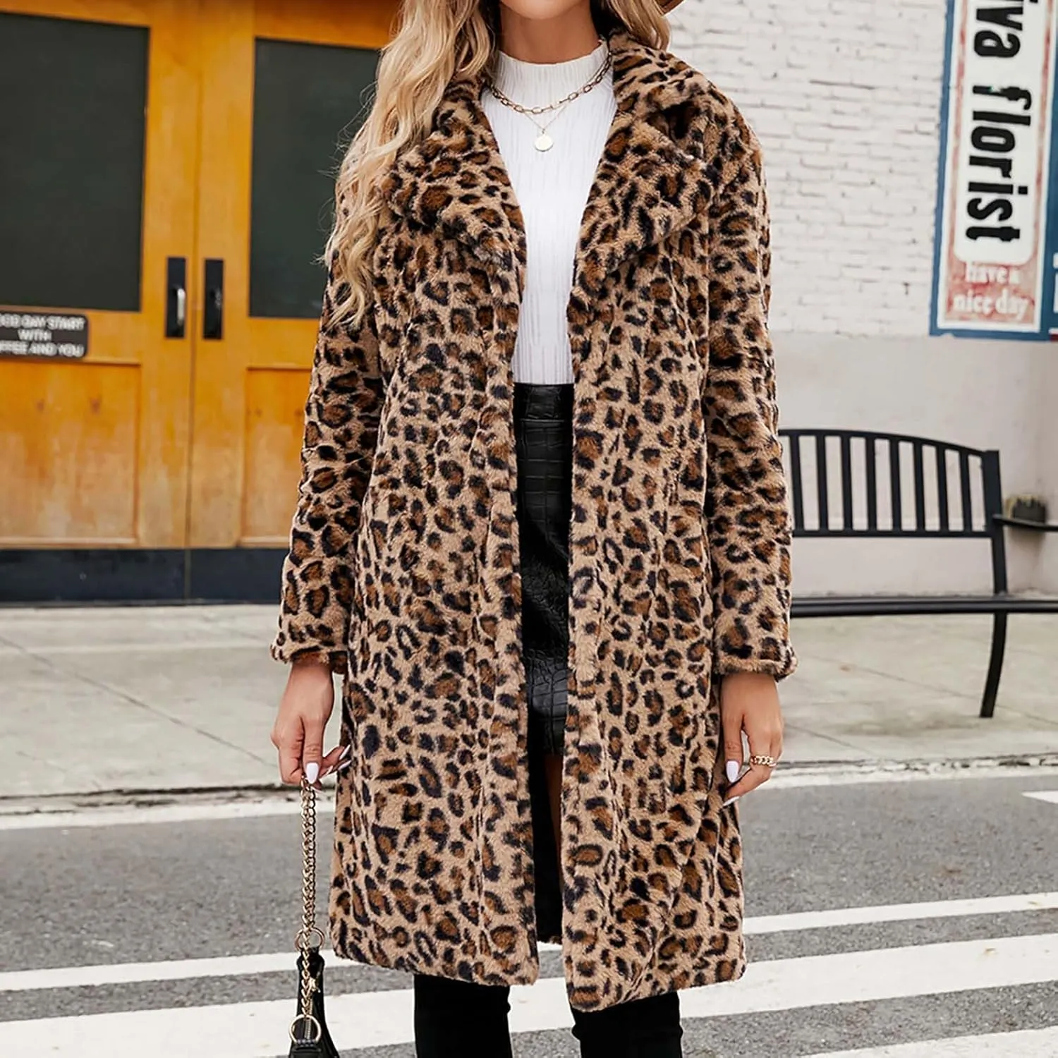 Leopard Printed Trench Coats for Women Luxury Faux Fur Fluffy Winter Cardigan Business Casual Long Sleeve Jackets
