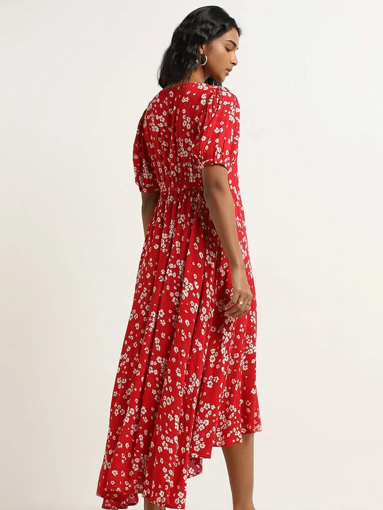 LOV Red Floral Patterned Assymetric Dress
