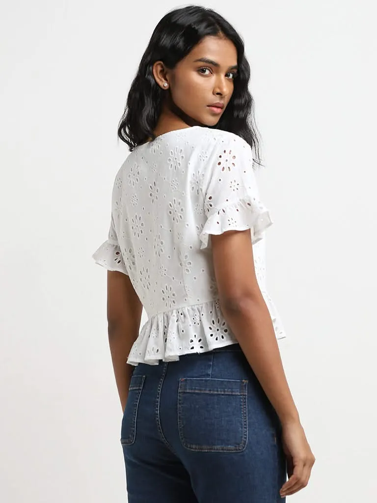LOV White Schiffli Design Cotton Top