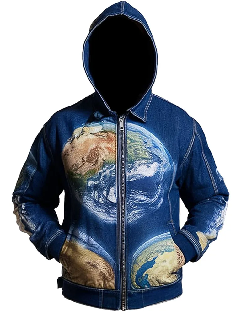 Men's Earth Print Hooded Planetary Design Denim Jacket