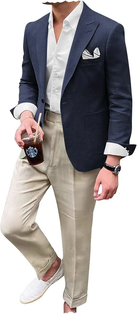 Mens Linen Suit Jacket for Men Slim Fit Casual Blazer Men Beach Wedding Jacket Formal Business
