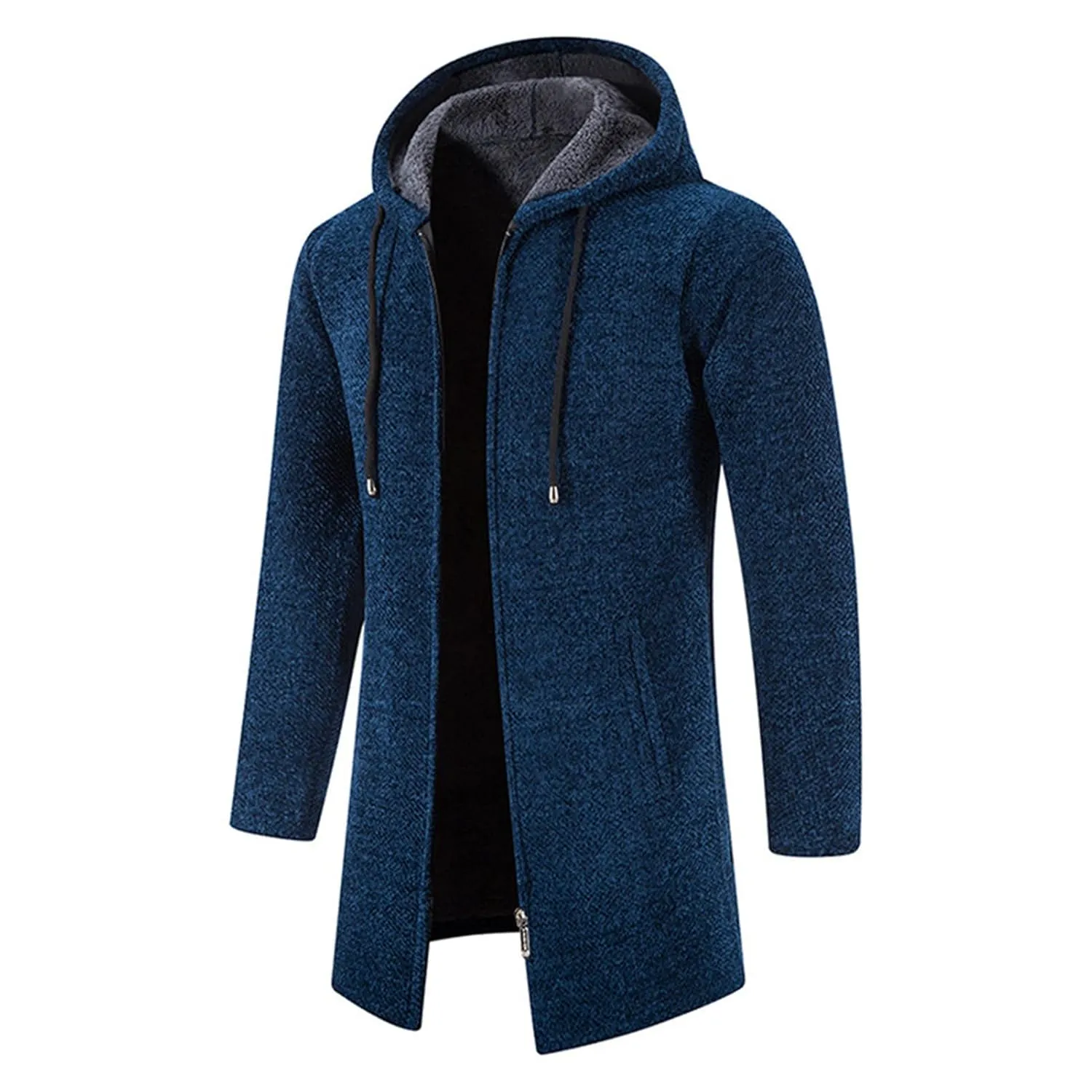 Mens Solid Knit Hooded Cardigan Full Zip Long Open Front Sweater Slim Fit Casual Lightweight Longline Cardigans (Dark Blue,Large)