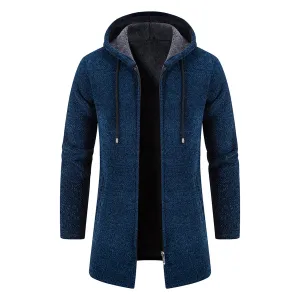 Mens Solid Knit Hooded Cardigan Full Zip Long Open Front Sweater Slim Fit Casual Lightweight Longline Cardigans (Dark Blue,Large)