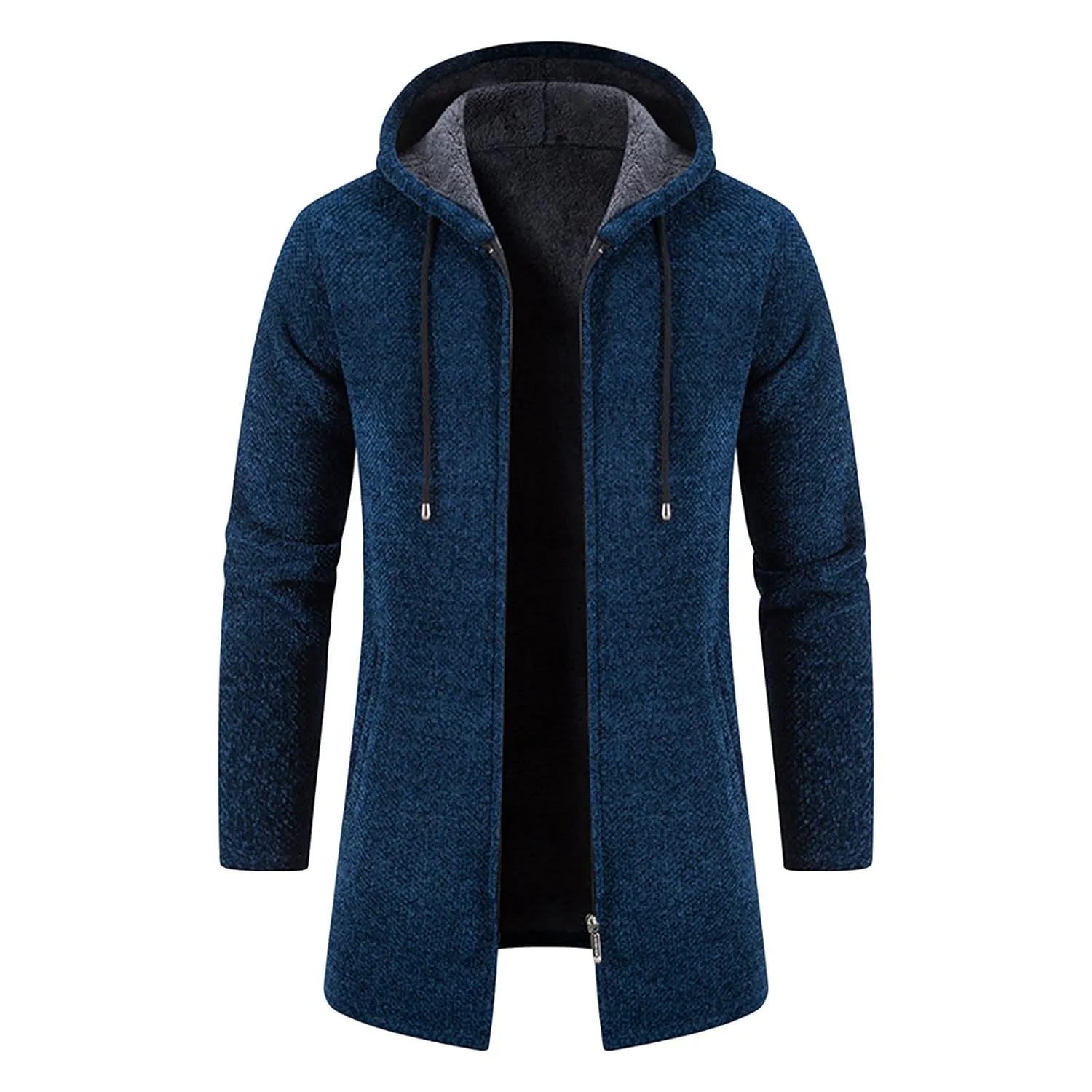 Mens Solid Knit Hooded Cardigan Full Zip Long Open Front Sweater Slim Fit Casual Lightweight Longline Cardigans (Dark Blue,Large)