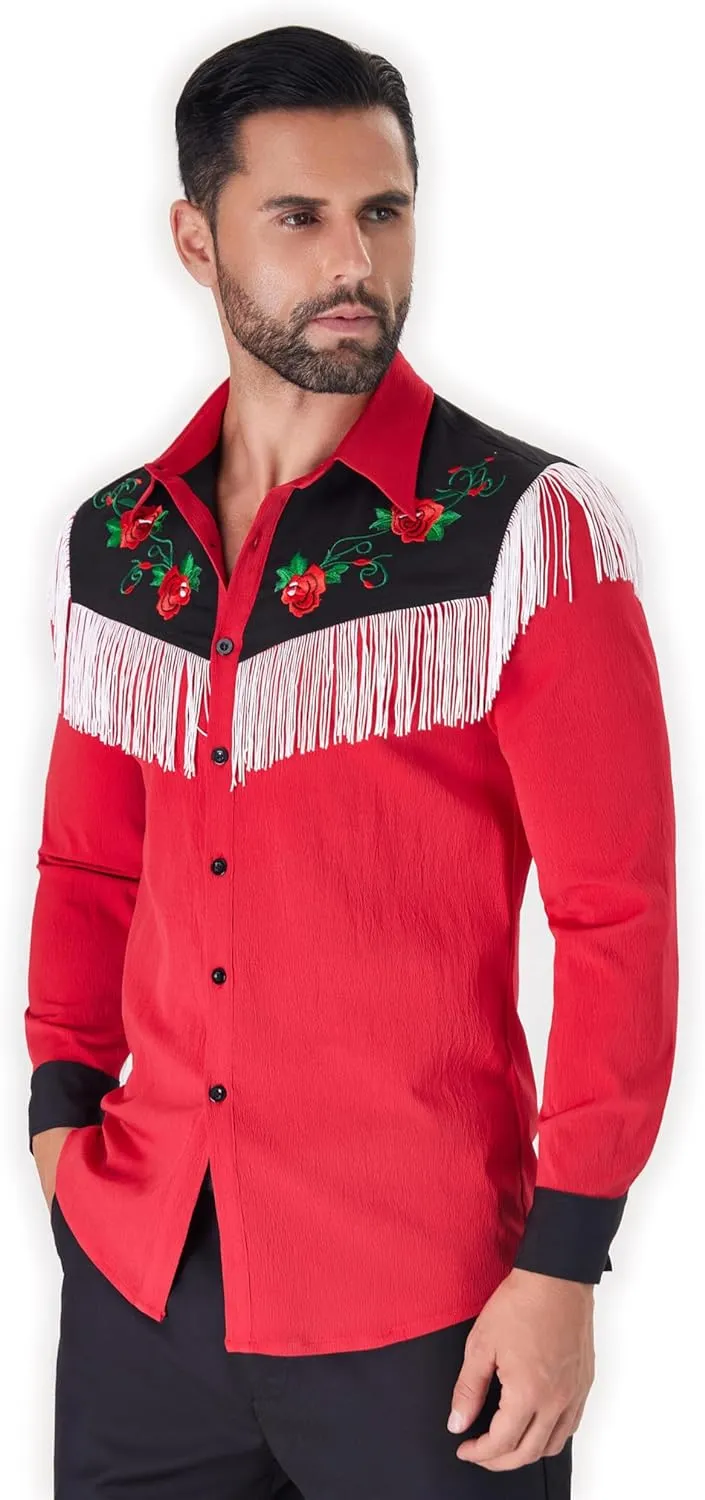 Men's Western Cowboy Fringe Shirts Long Sleeve with Embroidered Rose Button Down Hippie Shirt