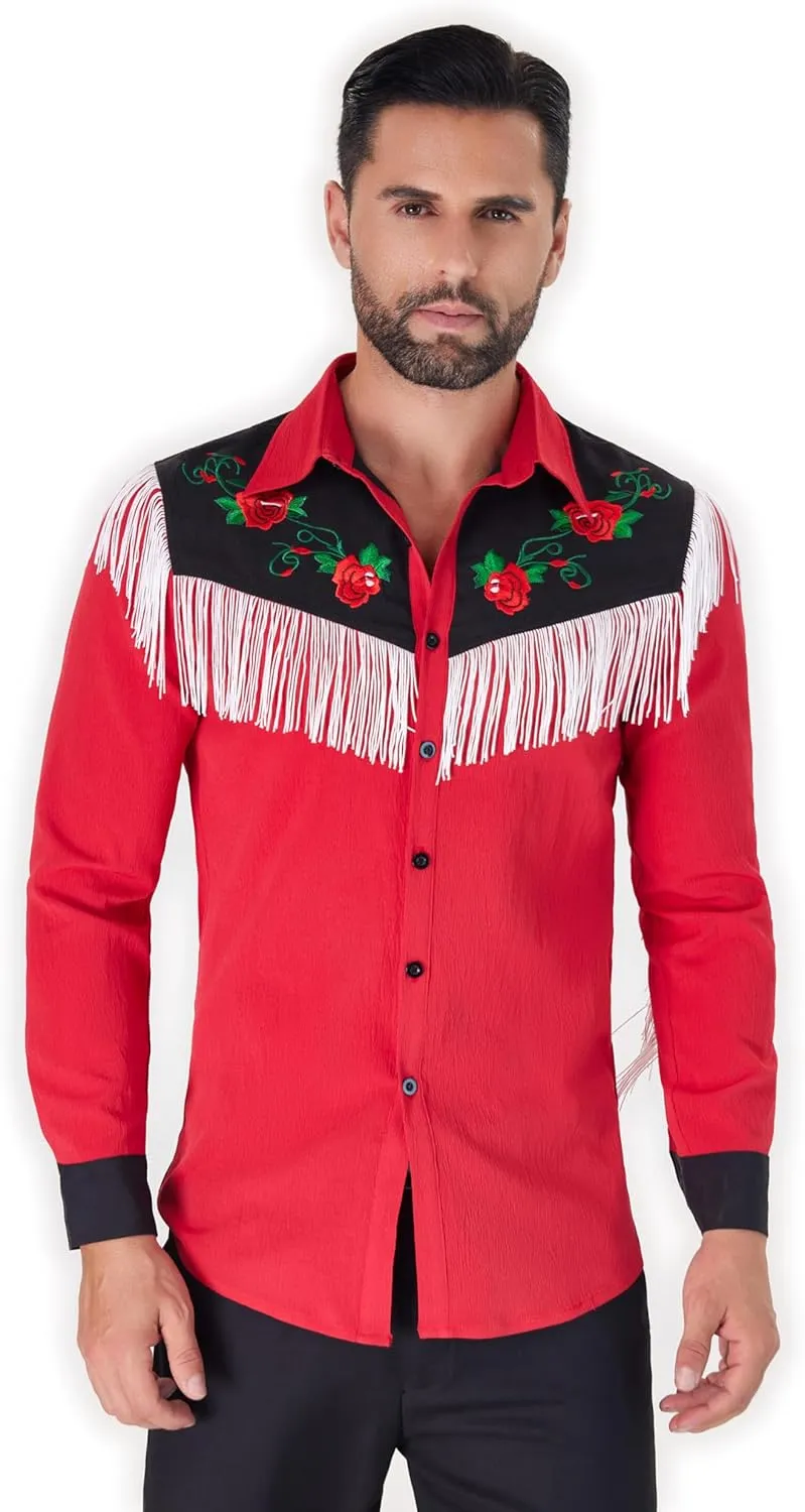 Men's Western Cowboy Fringe Shirts Long Sleeve with Embroidered Rose Button Down Hippie Shirt