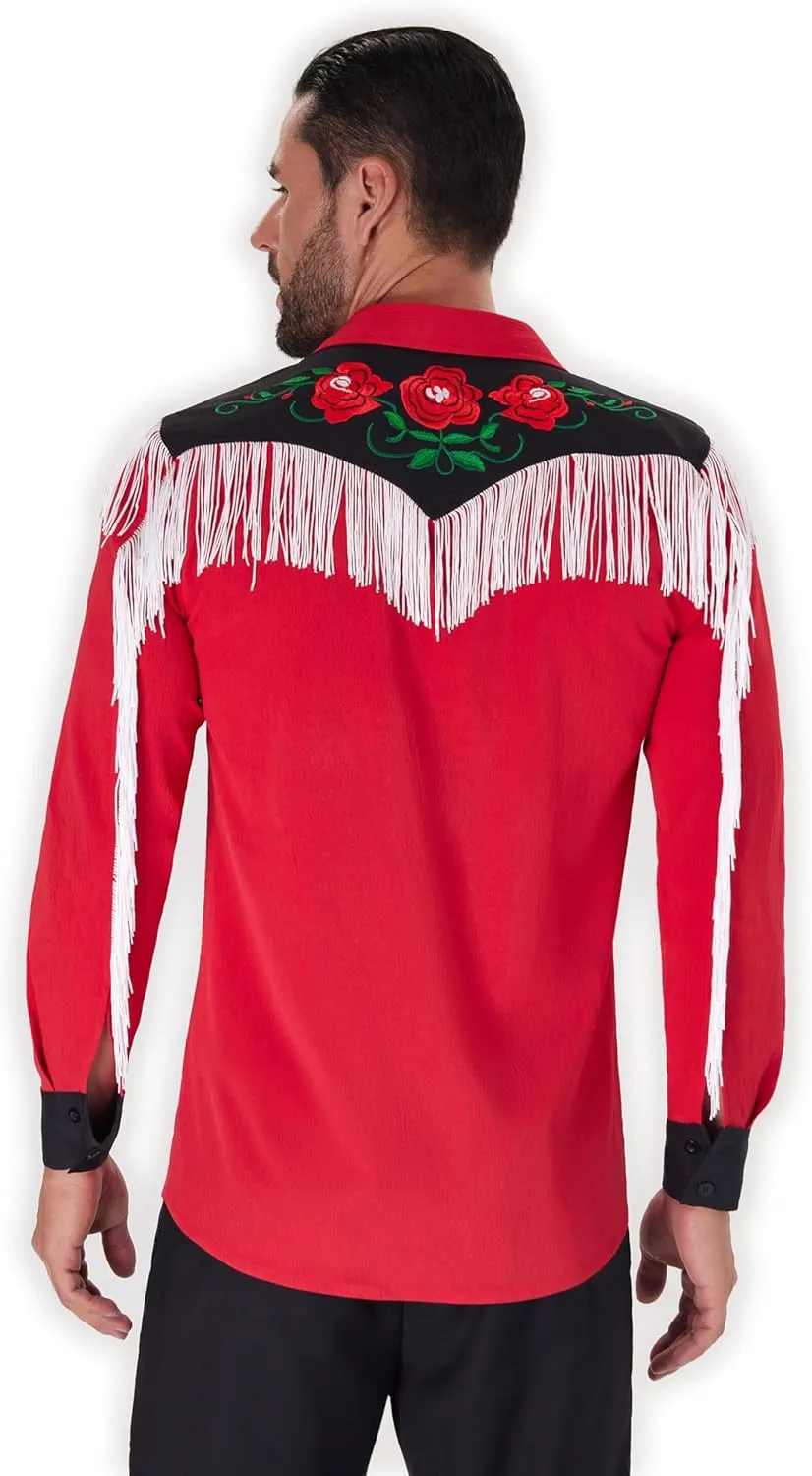 Men's Western Cowboy Fringe Shirts Long Sleeve with Embroidered Rose Button Down Hippie Shirt
