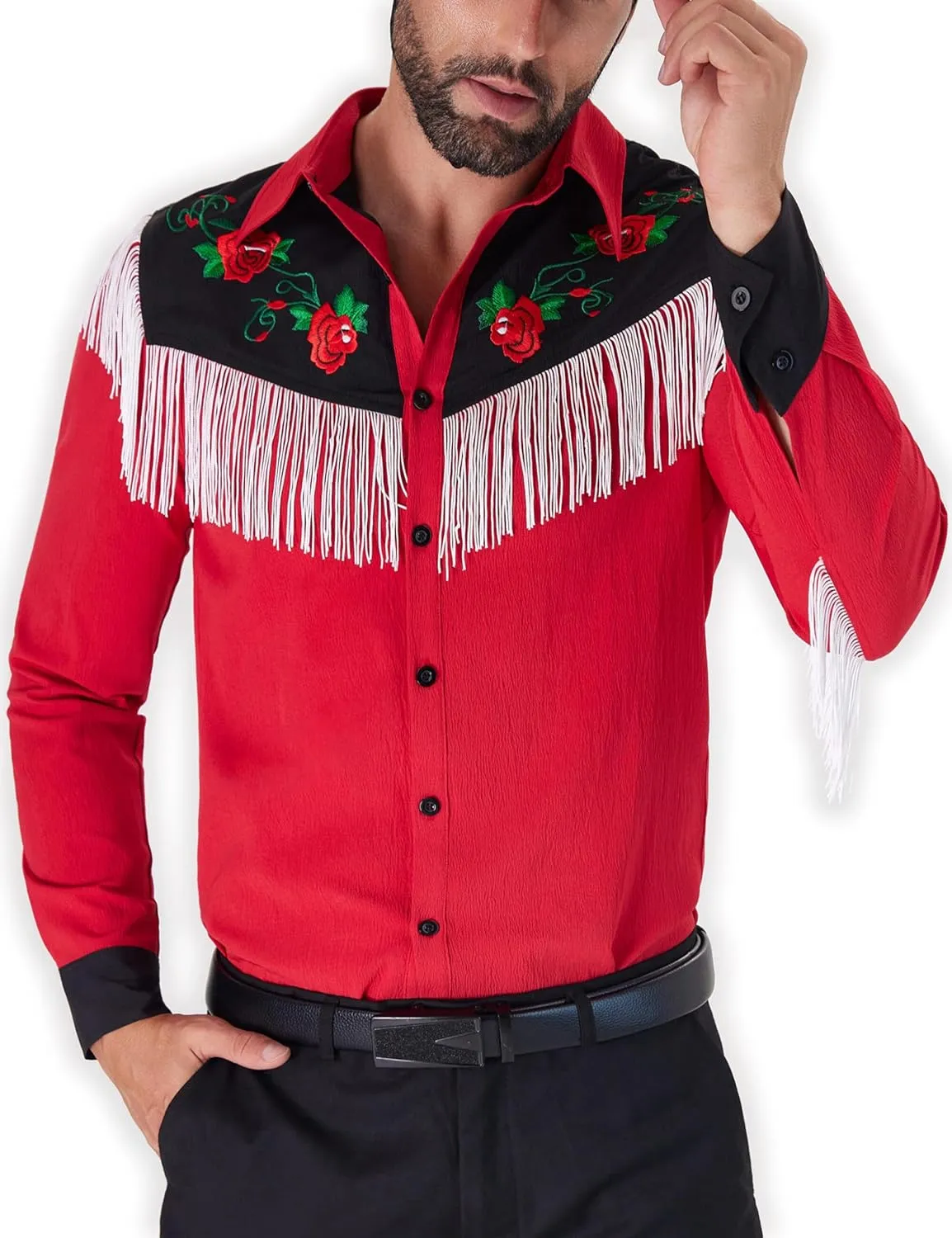 Men's Western Cowboy Fringe Shirts Long Sleeve with Embroidered Rose Button Down Hippie Shirt