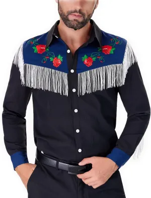 Men's Western Cowboy Fringe Shirts Long Sleeve with Embroidered Rose Button Down Hippie Shirt