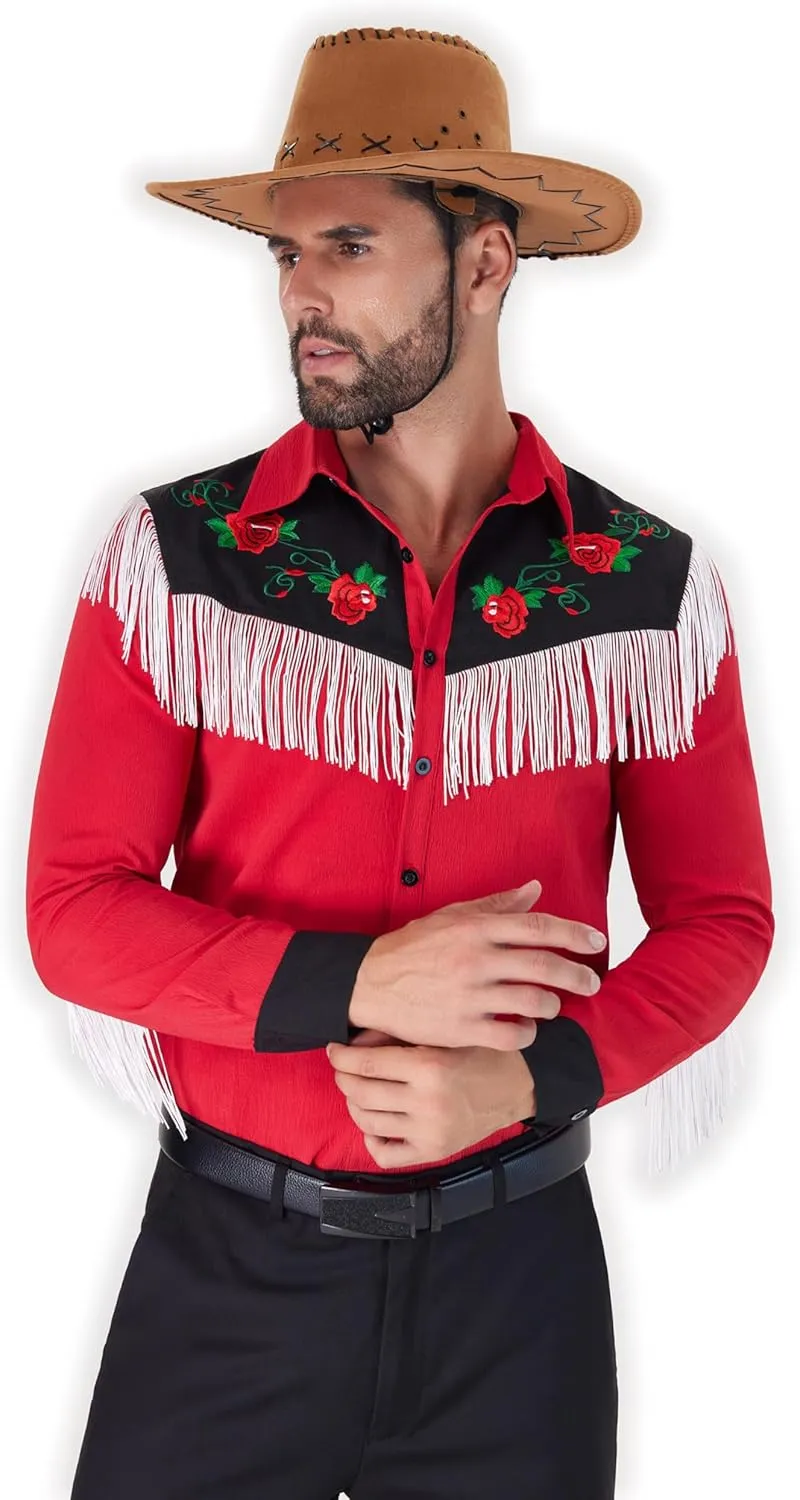 Men's Western Cowboy Fringe Shirts Long Sleeve with Embroidered Rose Button Down Hippie Shirt