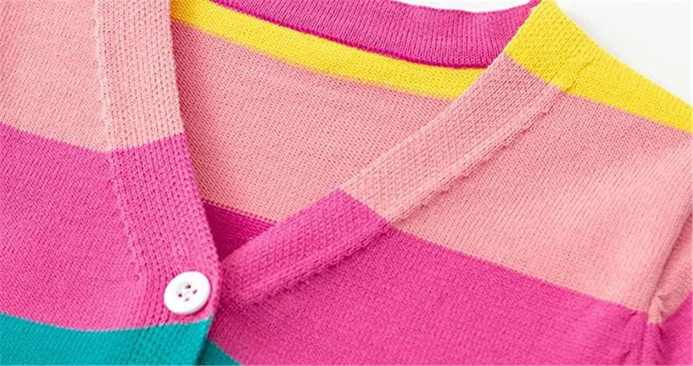 Mud Kingdom Little Girl Cardigan Sweater Rainbow Stripe Cotton V-Neck