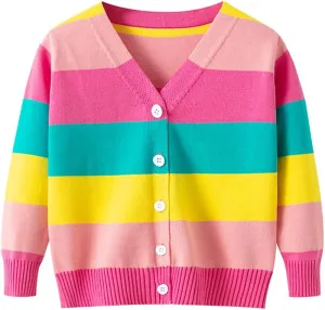 Mud Kingdom Little Girl Cardigan Sweater Rainbow Stripe Cotton V-Neck
