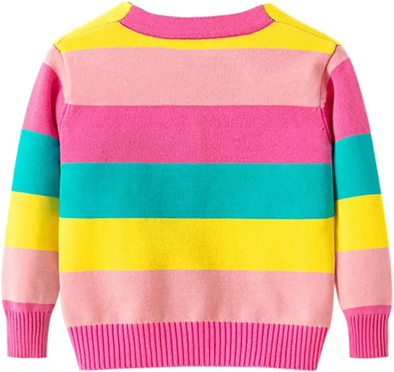 Mud Kingdom Little Girl Cardigan Sweater Rainbow Stripe Cotton V-Neck
