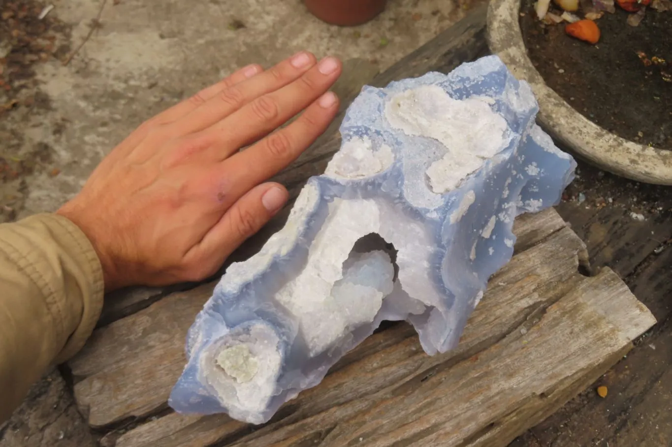 Natural Etched Blue Chalcedony Geode Specimen x 1 From Malawi