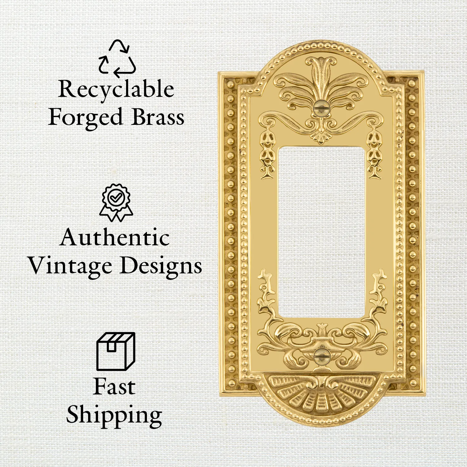 New York Switch Plate with Double Outlet in Polished Brass