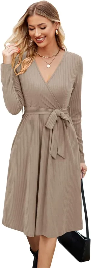 Newshows Womens 2025 Fall Sweater Dress Long Sleeve Business Casual Outfits V Neck Ribbed Knit Belt Trendy with Pockets