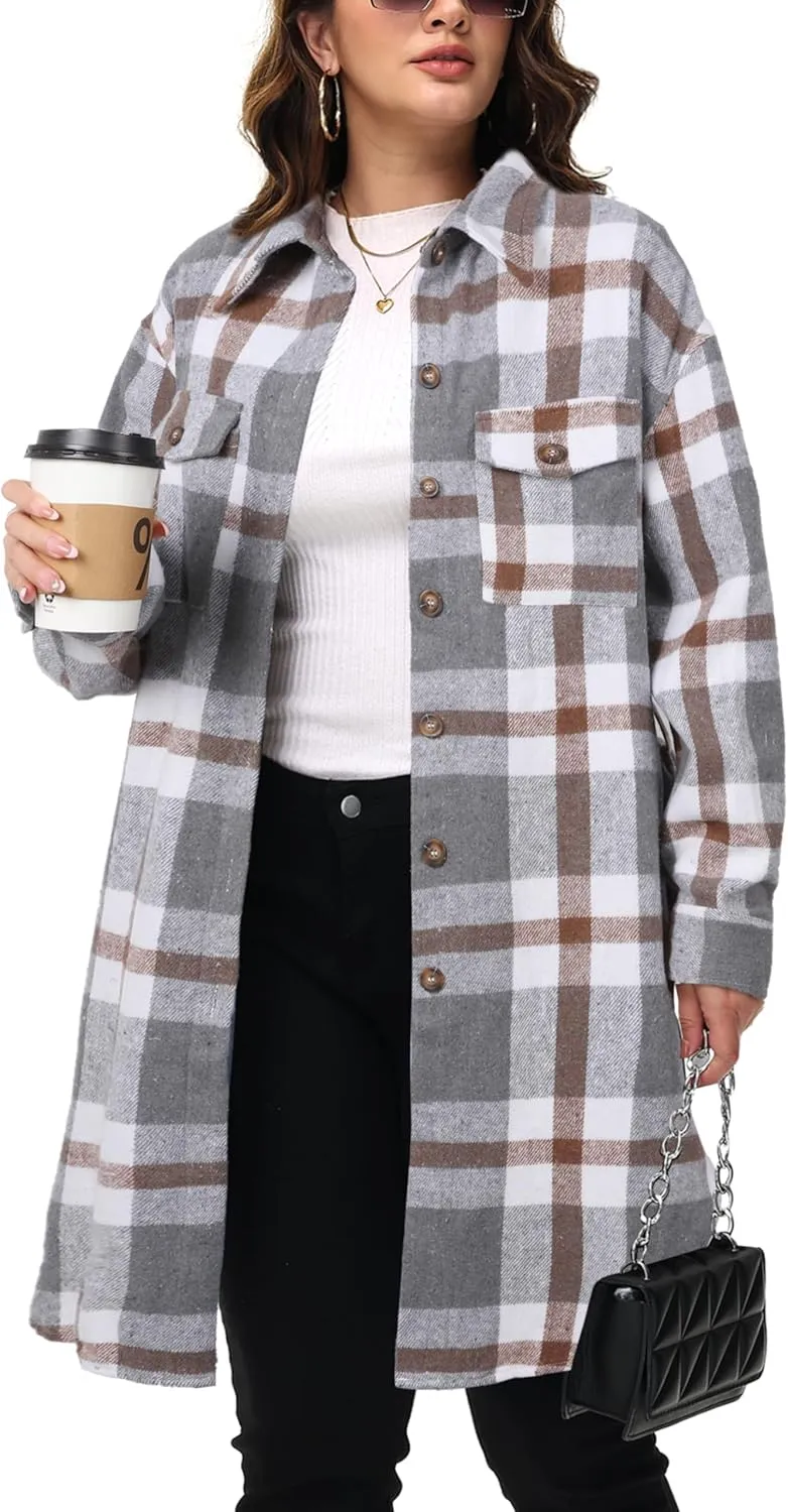 NIeyook Womens Plus Size Shacket Jacket 2024 Fall Plaid Flannel Button Down Shirts Long Sleeve Tartan Jackets Coats