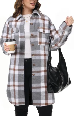 NIeyook Womens Plus Size Shacket Jacket 2024 Fall Plaid Flannel Button Down Shirts Long Sleeve Tartan Jackets Coats