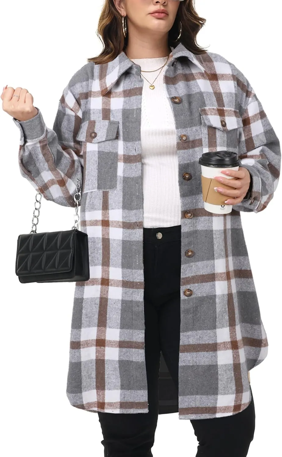 NIeyook Womens Plus Size Shacket Jacket 2024 Fall Plaid Flannel Button Down Shirts Long Sleeve Tartan Jackets Coats