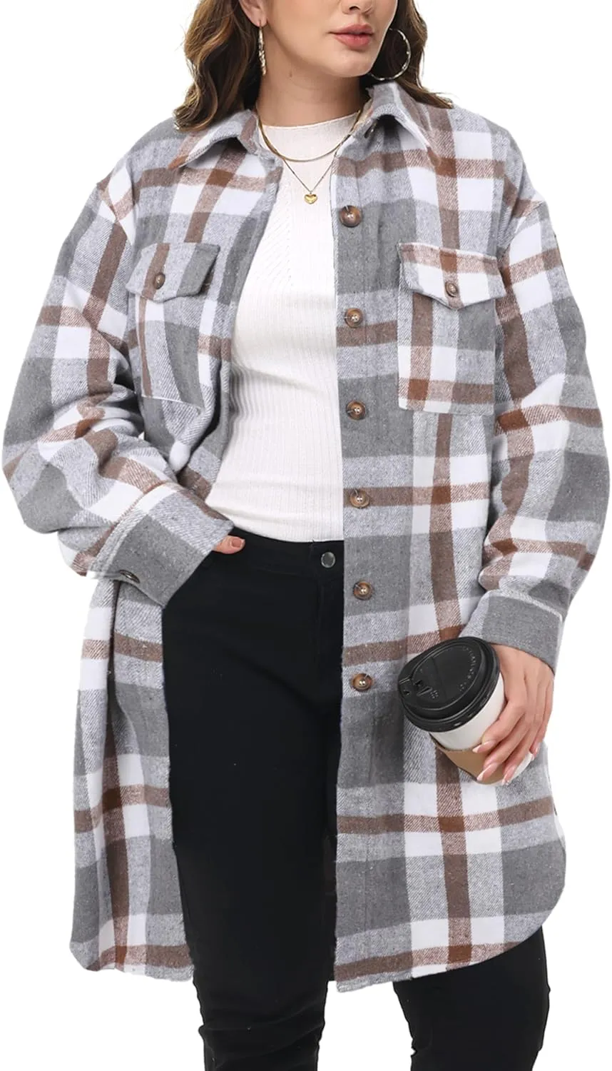 NIeyook Womens Plus Size Shacket Jacket 2024 Fall Plaid Flannel Button Down Shirts Long Sleeve Tartan Jackets Coats