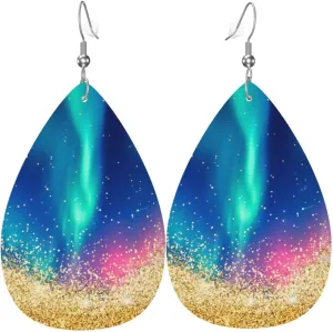 Northern Lights Sky Blue Green Faux Leather Teardrop Earrings for Women Drop Dangle Earrings Gift