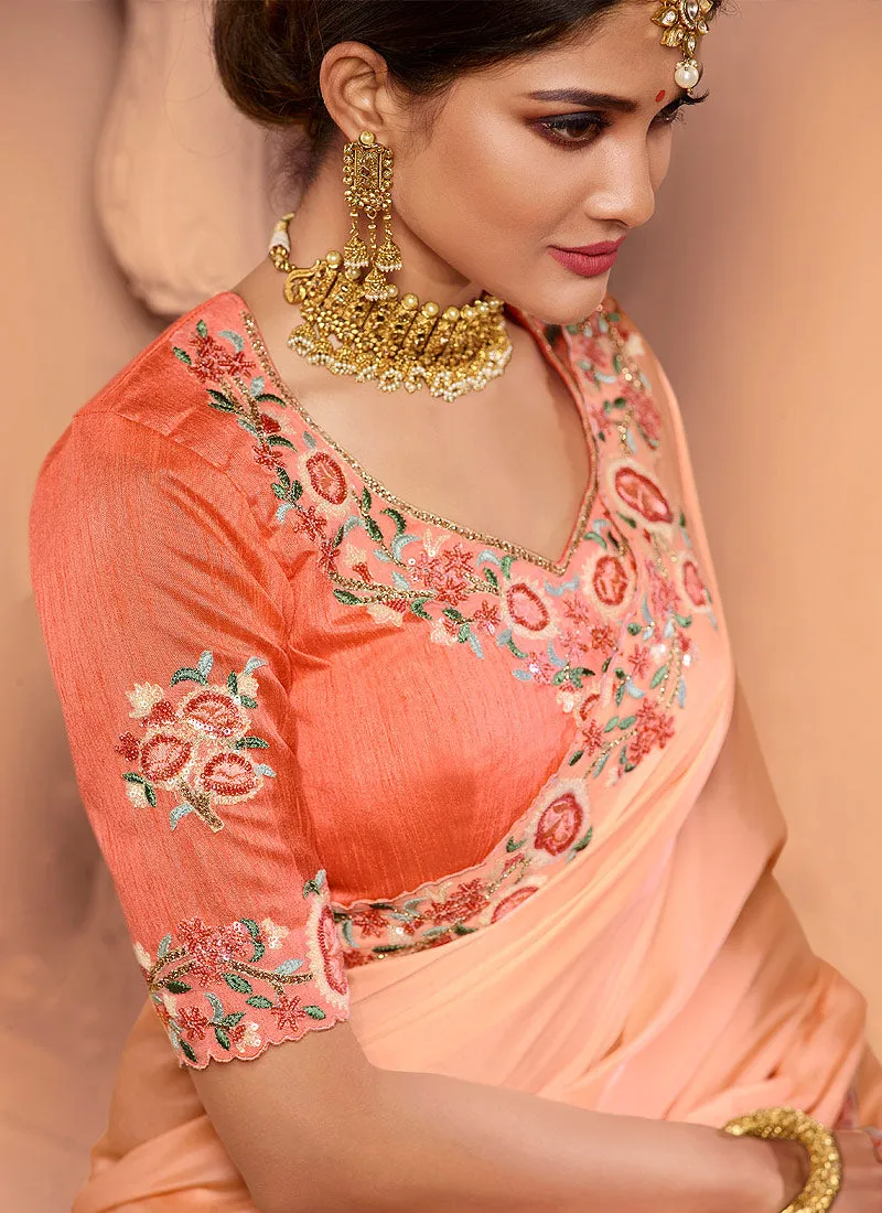 Orange And Peach Traditional Multi Embroidered Designer Silk Saree