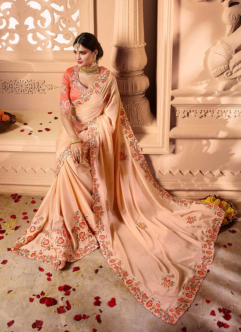 Orange And Peach Traditional Multi Embroidered Designer Silk Saree