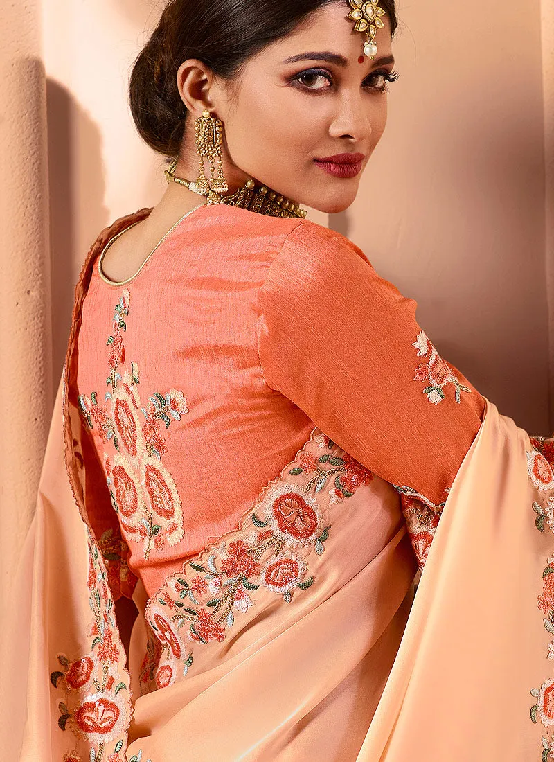 Orange And Peach Traditional Multi Embroidered Designer Silk Saree