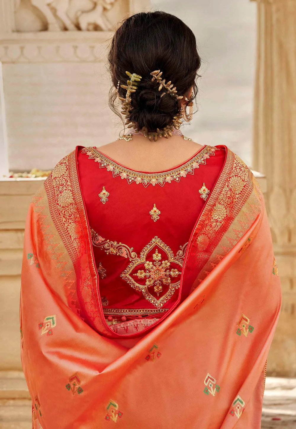 Orange And Red Embroidered Wedding Saree