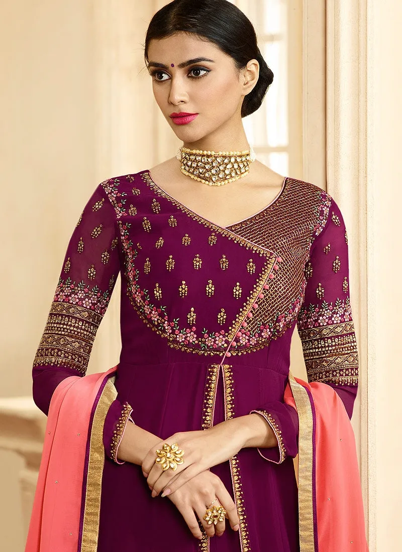 Plum And Pink Ethnic Slit Style Embroidered Anarkali Suit